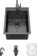 Black Bar Sink with Faucet - 15 Inch Drop In Bar Sink 16 Gauge Stainless Steel Topmount Gunmetal Black Single Bowl Small Prep Sinks with Accessories for Kitchen Bars, RV, Small Space #TLT-0032
