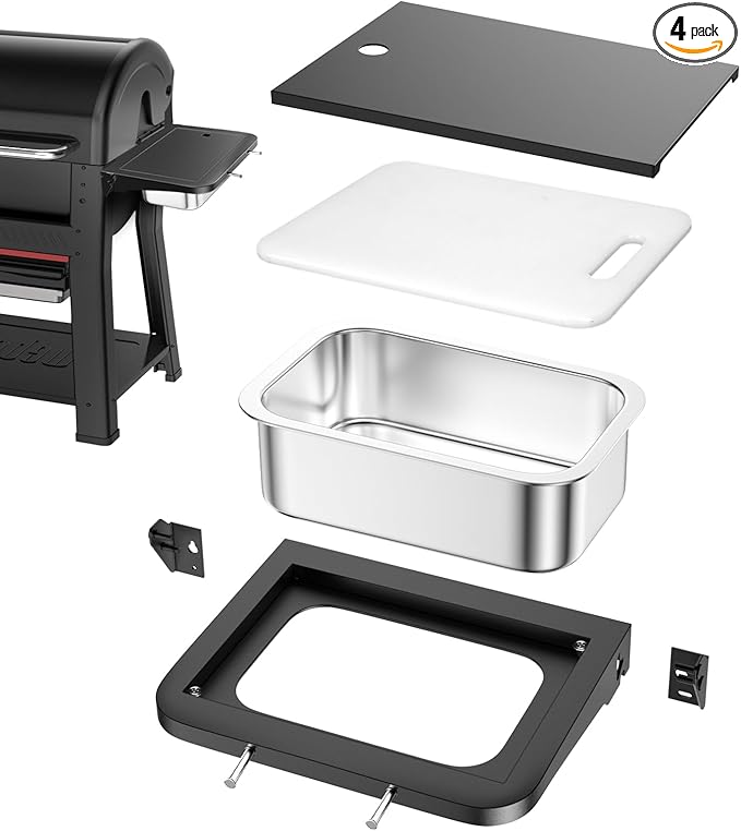 Utheer Grill Side Table Shelf for Weber Searwood 600/600XL – Foldable BBQ Prep Station with Works Cutting Board, Stainless Steel Basin, Lid & Hooks, Side Table for Weber Searwood 600 Accessories