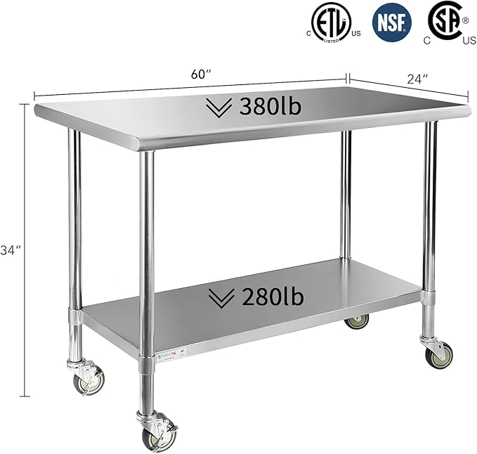 STABLEINK Stainless Steel Table with Wheels 24 x 60 Inches 5ft, NSF Commercial Prep & Workbench with Adjustable Undershelf and Casters, for Commercial Kitchen, Restaurant, Hotel,Laundry and Garage