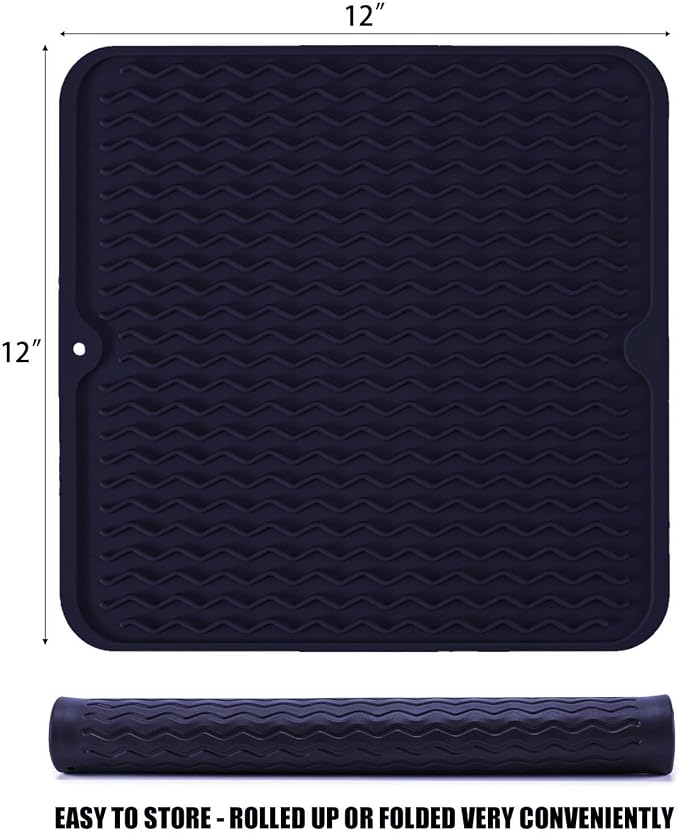 Silicone Dish Drying Mat, Non-Slip Easy Clean Sink Mat, Dark Blue, Large - Image 2