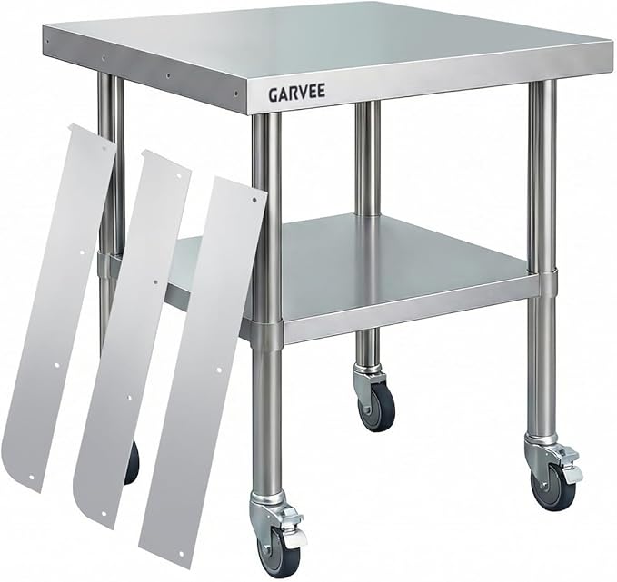 Garvee Stainless Steel Work Table, 24x24x26 Inch Commercial Food Prep Worktable with Wheels, Detachable 3-Sided Backsplash & Height-Adjustable Shelf, Heavy Duty Workbench for Kitchen Restaurant Garage