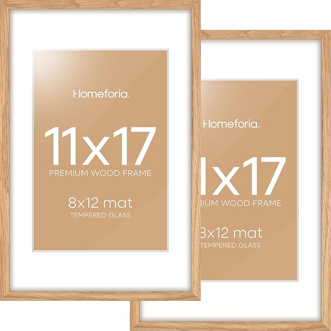 Homeforia 11x17 Wood Frame, High End Natural Oak 11x17 Light Wooden Picture Frame with Mat 8x12, 11 x 17 Poster Frames Matted to 8 by 12 Photo, 17x11 Hanging Frames, Tempered Glass, Wall Kit, Set of 2