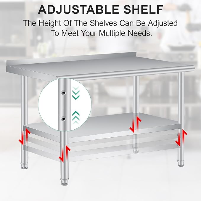 Stainless Steel Prep Table, 60 x 24 in, with Backsplash, Adjustable Undershelf, Commercial Heavy Duty Table with Adjustable Under Shelf for Outdoor Use,Restaurants,Hotels,Works