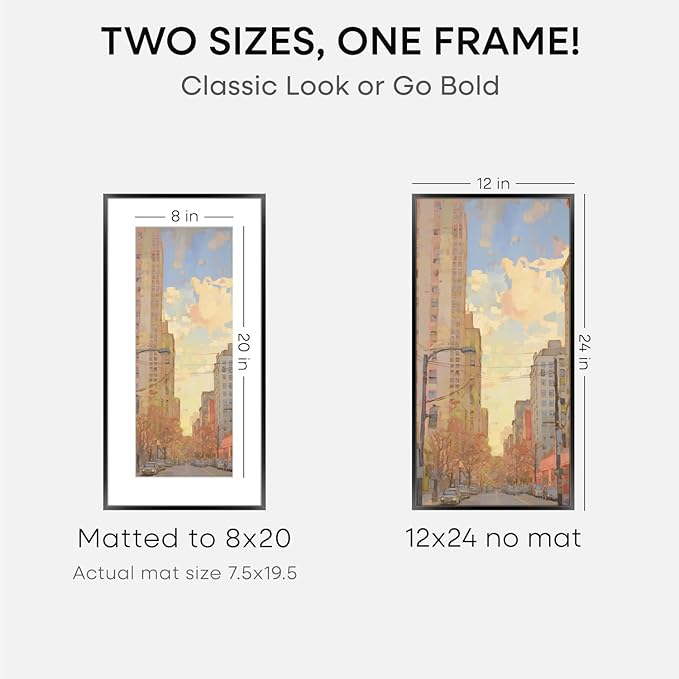 Homeforia 12x24 Picture Frame Black, High End Metal 12x24 Poster Frames with Mat 8x20 for Photo, 12 x 24 Black Frame Matted to 8 by 20 Print, 24x12 Panoramic Frames, Tempered Glass, Wall Kit, Set of 2