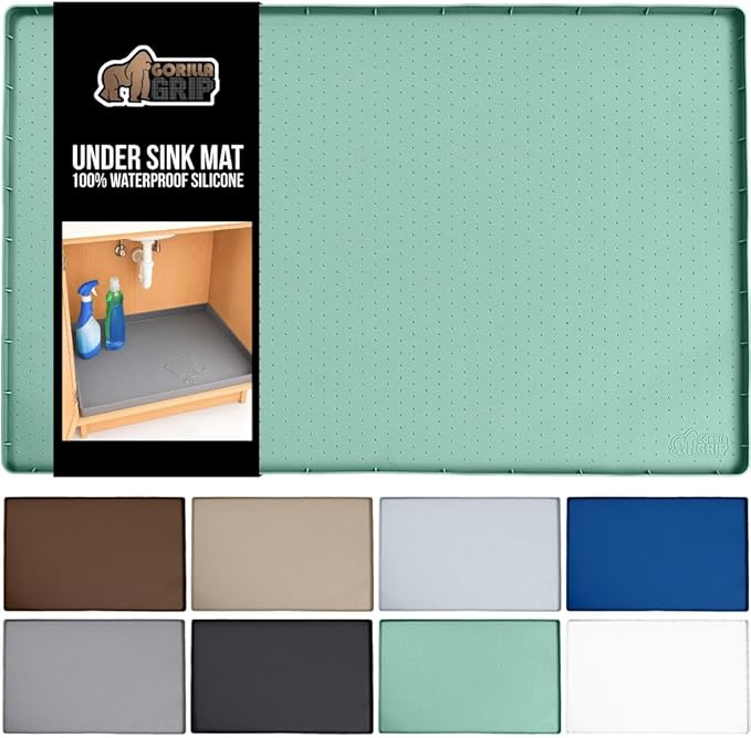 GORILLA GRIP Waterproof Silicone Under Sink Mat with Raised Lip for Kitchen and Bathroom, Cabinet Shelf Liner Stay in Place Mats Dishwasher Safe Drawer Liner, Organizer Tray, 15 x 22 in, Mint