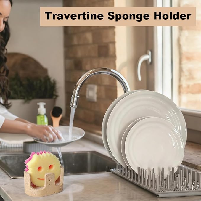 2 in 1 Travertine Sponge Holder, 2 Slot Natural Stone Sink Organizer - Image 6