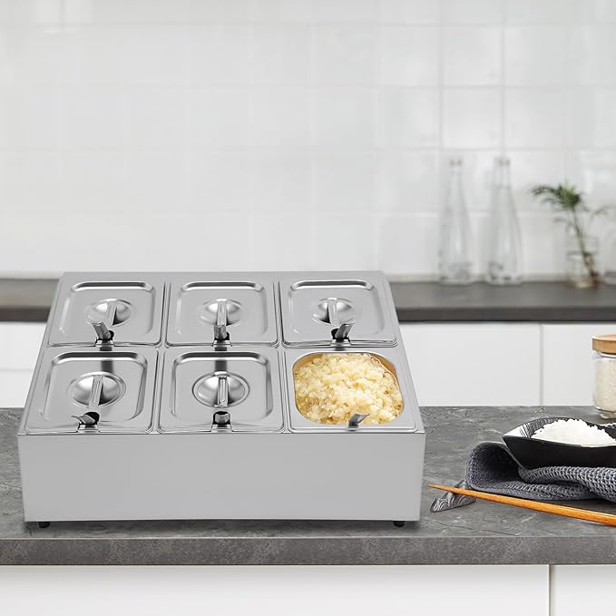 Pizza Topping Station Organizer Condiment Container Dispenser with 6 1/6 Pans& Lids, Stainless Steel Seasoning Food Containers Spice Rack Shelf Holder for Ingredients Sauce Salad Jam Fruits