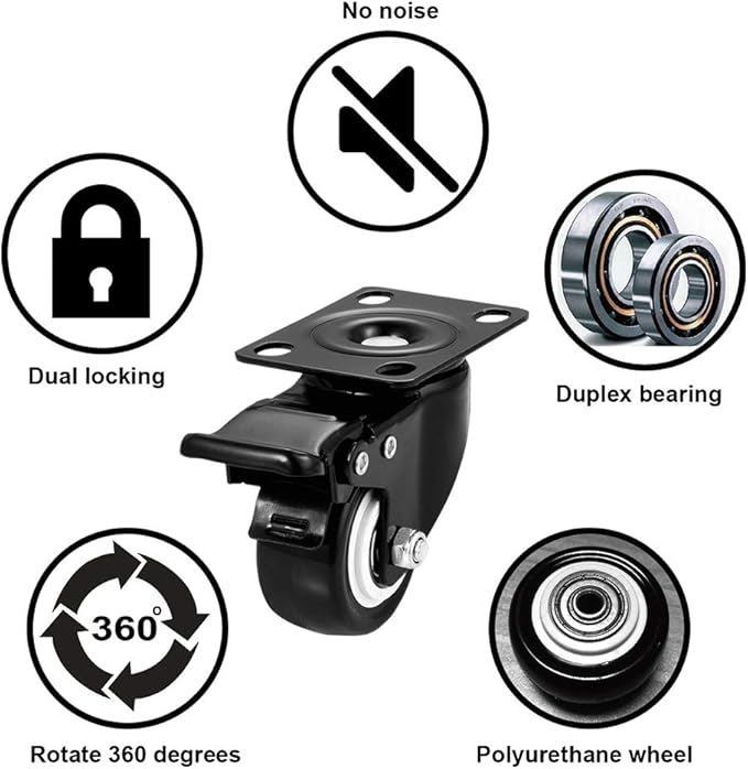2 inch Casters Set of 16 Heavy Duty - CLOATFET Locking/Swivel Caster Wheels with Brake (Top Plate), Non Marking Black Castor Wheels for Cart Furniture Workbench