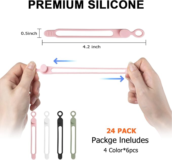 24Pcs Silicone Cable Ties, Cord Organizer Cable Management-Multi | Reusable - Image 2