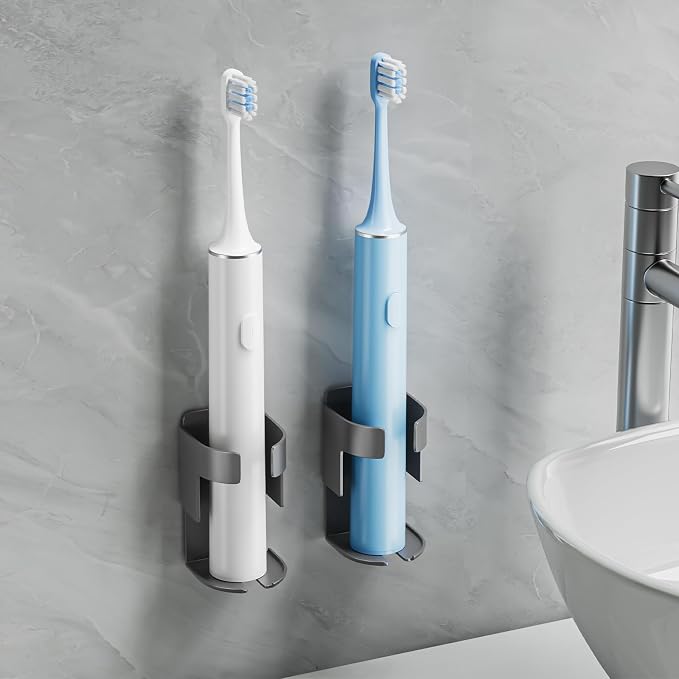 Adhesive Electric Toothbrush Holder Wall Mounted, Aluminum Black 2 Pack | by Oasiteege