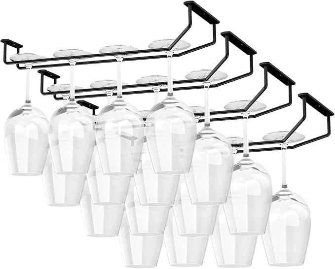 14-Inch Under Cabinet Wine Glass Holder - Metal Stemware Rack, Single Rail Hanging Rack for Kitchen Bar - Set of 4