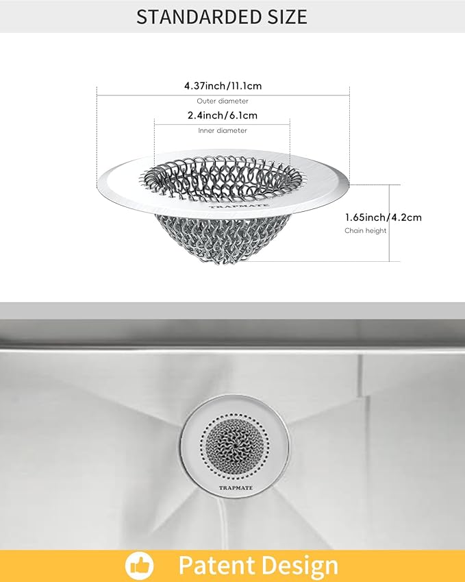 TRAPMATE 2 Pcs Kitchen Sink Drain Strainer, Stainless Steel Sink Strainer Basket with Easy Clean & Anti-Clog, Fits Garbage Disposal, Dishwasher Safe, Single & Double Bowl Sinks (Patented Product)