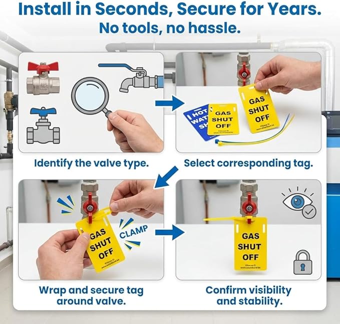 Secure ID Utility Shut-Off Tags – Set of 3 PVC Valve Labels for Gas, Water & Hot Water – Landlord & Property Manager Safety Tags for Rentals or Multi-Unit Homes