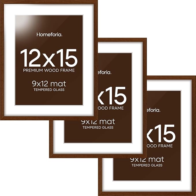 Homeforia 12x15 Picture Frame Brown, High End Dark Oak 12x15 Walnut Wood Poster Frame with Mat 9x12 Print, 12 x 15 Wooden Frame Matted to 9 x 12 Photo, 15x12 Frames, Tempered Glass, Wall Kit, Set of 3
