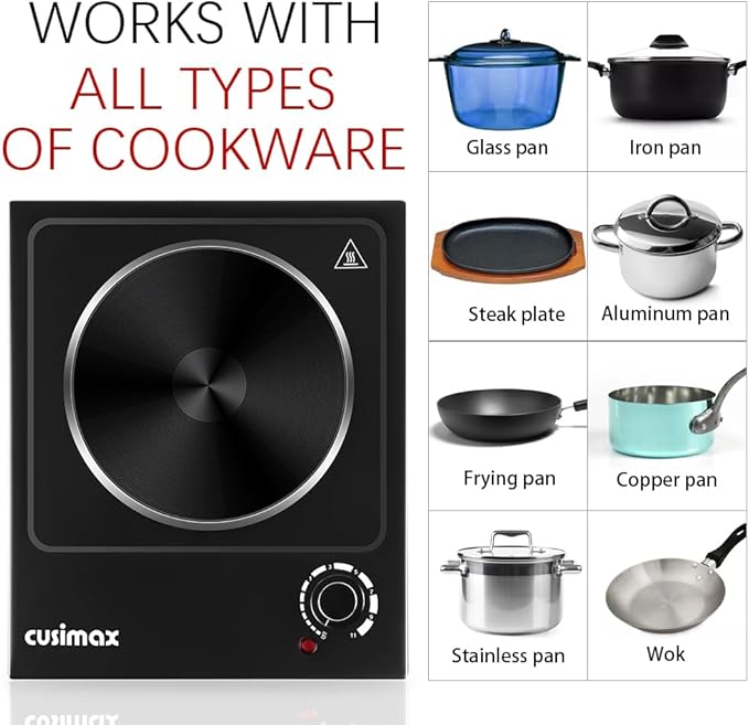 CUSIMAX Hot Plate, Single Burner Electric Cooktop, 1500W Electric Burner Hot Plate for Cooking with Adjustable Temperature, Portable Countertop Burner Stainless Steel, Black, New Model