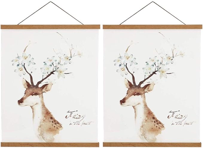 2 Pack Magnetic Poster Hanger Frame, 24x36 24x32 24x18 Light Wood Wooden Magnet Canvas Artwork Print Dowel Poster Hangers Frames Hanging Kit (Teak Wood, 24", 2 Packs)