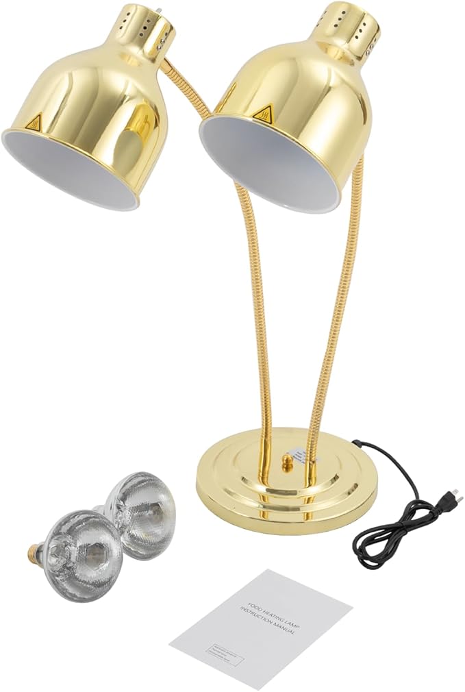 2-Head Food Heat Lamp Warmer Gold, 500W Double Bulbs Buffet Display Heating Preservation Light for Buffet, Electric Portable Heating Lamp with 360°Adjustable Head Independent Switch(Gold, Style2)