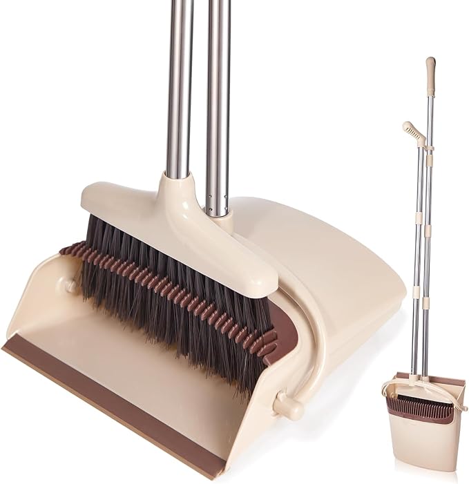 Broom and Dustpan Set with Long Handle, Light Weight Stainless Steel Poles by XXFLOWER