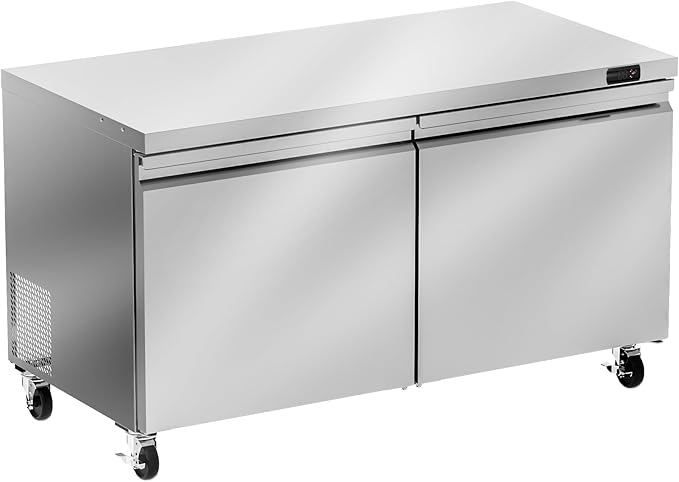 60" W Commercial Undercounter Freezer, 14.1 Cu.ft 2 Door Worktop Under Counter Freezer, Stainless Steel Commercial Kitchen Freezing Equipment for Restaurant, Bar, Shop, etc.