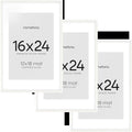 Homeforia White Picture Frame 16x24, High End Oak White 16x24 Frame with Mat 12x18 Photo, 16 x 24 Wooden Poster Frames Matted to 12 by 18, 24x16 Wood Hanging Frames, Tempered Glass, Wall Kit, Set of 3