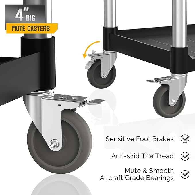 TUFFIOM Plastic Service Utility Cart with Wheels,Heavy Duty 450lbs Capacity, 3-Tier Commercial Rolling, Ideal for Restaurant, Foodservice, Office, Warehouse, Black 40.4''L x 19.7''W x 38.6''H