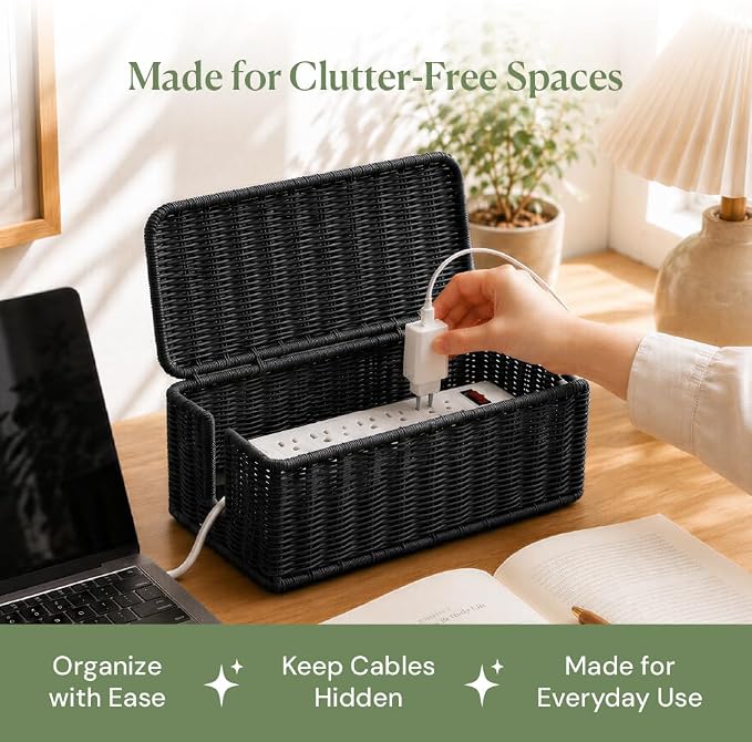 Cable Management Box, Handmade Rattan Cord Organizer - Image 9