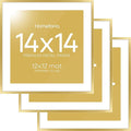 Homeforia 14x14 Picture Frame Gold, High End Metal 14 x 14 Square Poster Frame with Mat 12 x 12 Photo, 14x14 Frame Matted to 12x12 Print, 14by14 Gold Hanging Frames, Tempered Glass, Wall Kit, Set of 3