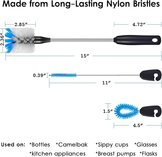 MOSOLAN 3-in-1 Water Bottle Brush and Straw Cleaning Set, Flat Head | Non-Silp - Image 4