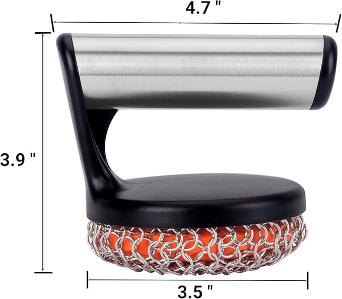 Skyflame Cast Iron Scrubber with Handle, Stainless Steel Chainmail Scrub, Skillet Cleaner/Brush for Cast Iron Pans, Griddles, Dutch Oven and Grills