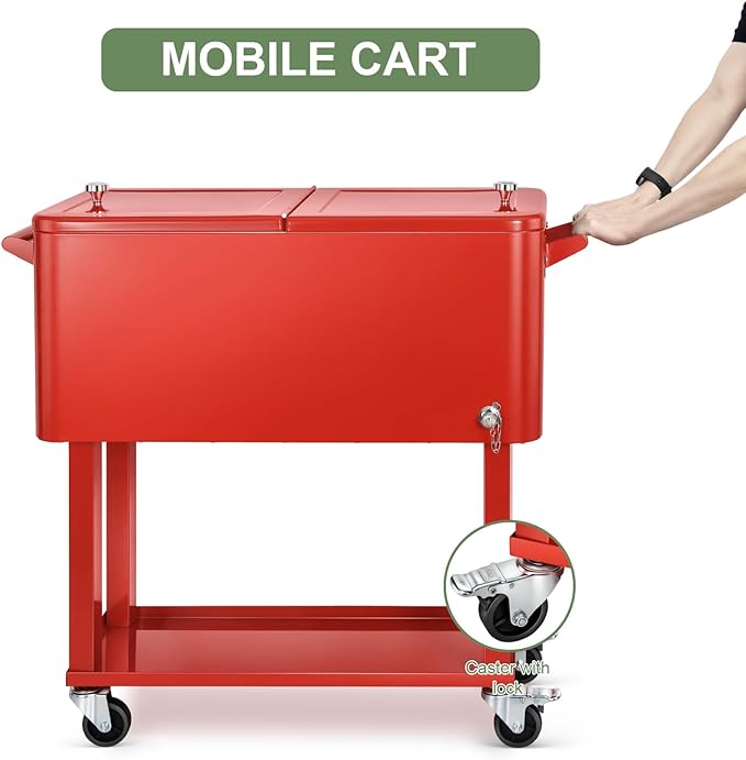 EDOSTORY 80 Quart Rolling Ice Chest Cooler Cart,Patio Backyard Party Drink Beverage Bar Stand Up Cooler Trolley with Ice Scoop