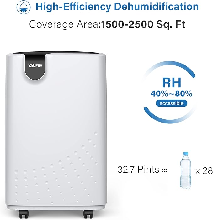 Yaufey 2500 Sq. Ft Dehumidifier for Home and Basements with Auto or Manual Drainage, 0.48 Gallon Water Tank Capacity -Low Noise and 24 Hr Timer