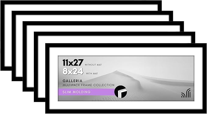 Americanflat 11x27 Picture Frame with Polished Plexiglass - Set of 5 - Use as 8x24 Frame with Mat or Display 11x27 Photo Without Mat - Galleria Collection - Picture Frames for Wall Display - Black