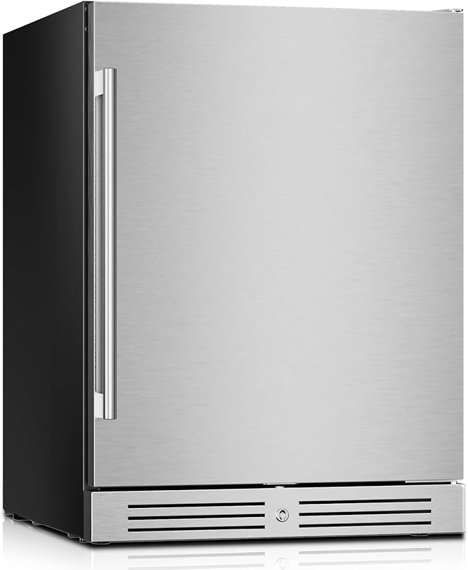 Yeego 24 Inch Beverage Refrigerator, 160-Can Beverage Cooler with Lock & Auto Defrost, Stainless Steel Indoor & Covered Outdoor Beverage Fridge, Freestanding or Under Counter for Beer, Soda & Wine