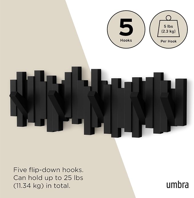 Umbra Sticks Wall Mount Coat Rack, 5 Hook Retractable Pegs, sculptural modern - Image 5