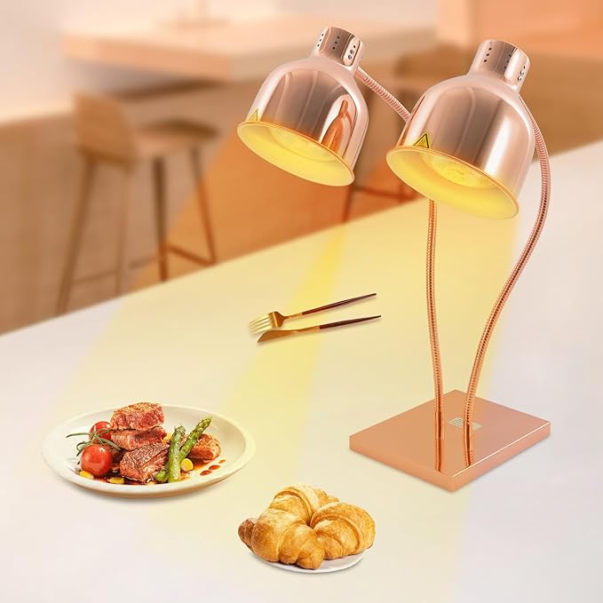 Food Heat Lamp Warmer Rose Gold, 500W Double Bulbs Buffet Display Heating Preservation Light, Electric Portable Infrared Heating Lamp with 360°Adjustable Head (Rose Gold)
