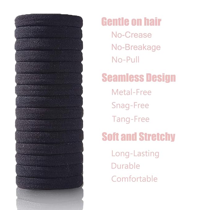 20pcs Black Hair Ties No Damage - Stretchy thick Hair Bands | Soft Nylon Ponytail Holders SnagFree Rubber Bands for Updos & Braids Hair Accessories Ideal Gifts for Women Teens Girs
