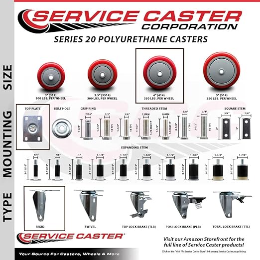 Service Caster Brand Replacement Caster for Uline Caster H-7448R - Stainless Steel Rigid Top Plate Caster with 4 Inch Red Polyurethane Wheel - Fits Carts and Platform Trucks H-3352