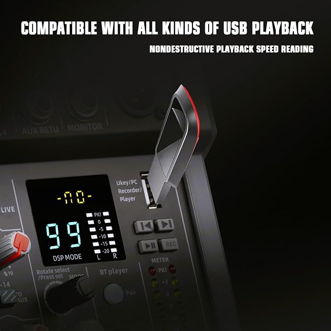 8-Channel Audio Mixer, DJ Mixer, Sound Board Console with 99 DSP Effects, Bluetooth Mixer Input 48V Phantom Power Stereo USB XLR Mixer For Karaoke Studio PC Recording