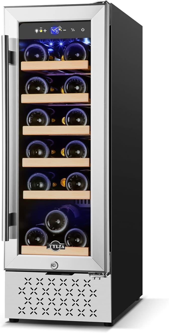 Tylza 12" Wine Cooler Refrigerator, 18 Bottles Wine Fridge Built-in or Freestanding with Stainless Steel & Double-Layer Tempered Glass Door, Compressor Fast Cooling, Low Noise and No Fog, Mini Fridge