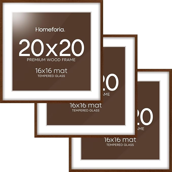 Homeforia 20x20 Brown Picture Frame, High End Dark Oak 20 x 20 Square Wood Frame with Mat 16 x 16 for Photo, 20by20 Wooden Walnut Poster Frame Matted to 16x16 Print, Tempered Glass, Wall Kit, Set of 3