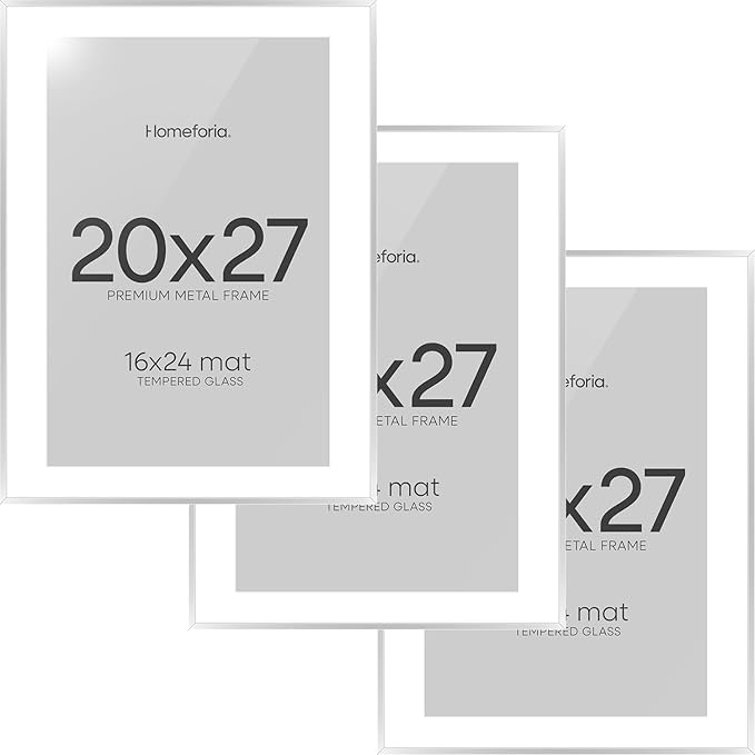 Homeforia 20x27 Picture Frame Silver, High End Metal 20x27 Frames with Mat 16x24 for Photo, 20 x 27 Silver Poster Frame Matted to 16 x 24 Print, 27x20 Hanging Frame, Tempered Glass, Wall Kit, Set of 3