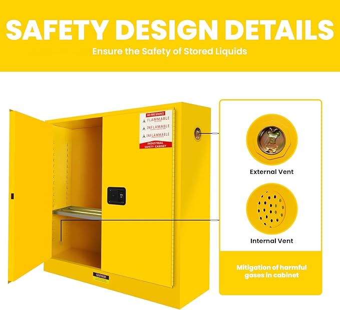 Flammable Storage Cabinet 60 Gallon Yellow, Galvanized Steel Large-Capacity Hazardous Storage Cabinet, Dual Vents & 3-Point Lock for Warehouses, Industrial Use & Residential Garages