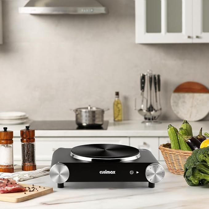 CUSIMAX Electric Hot Plate for Cooking Portable Single Burner 1500W Cast Iron hot plates Heat-up in Seconds Adjustable Temperature Control Stainless Steel Non-Slip Rubber Feet Upgraded Version B101