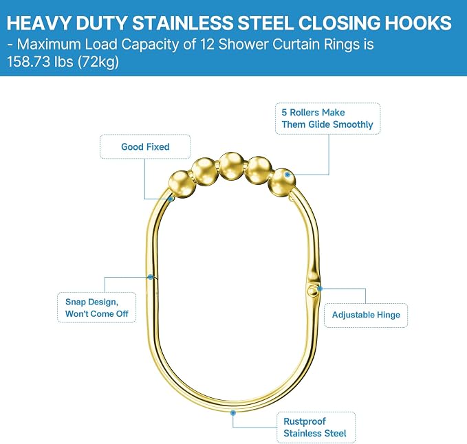 MENGJINGO 12PCS Wide Shower Curtain Hooks Rings, Rust Proof Stainless Steel | - Image 5