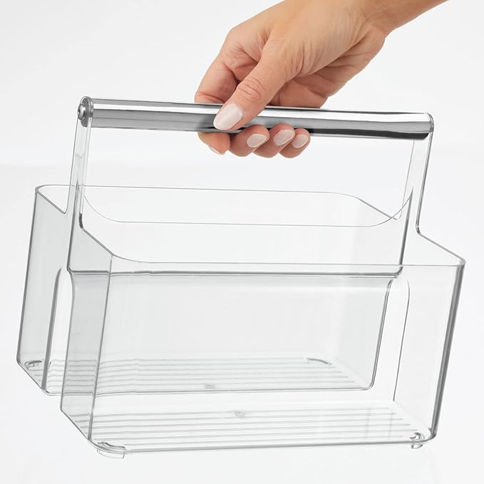 mDesign Plastic Shower Caddy Storage Organizer Utility Tote, Divided Basket Bin - Metal Handle for Bathroom, Dorm, Kitchen, Holds Soap, Shampoo, Conditioner - Aura Collection - Clear/Chrome