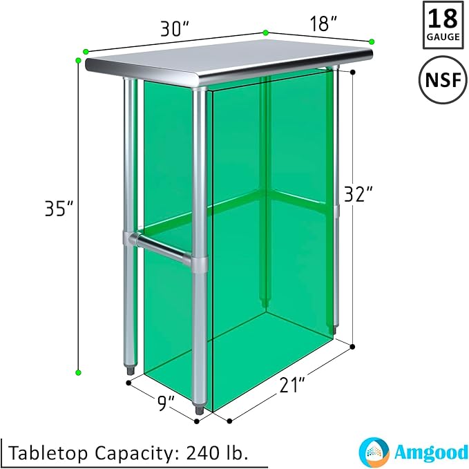 AmGood Stainless Steel Work Table Open Base | NSF Kitchen Island Food Prep | Laundry Garage Utility Bench (30" Long X 18" Deep)