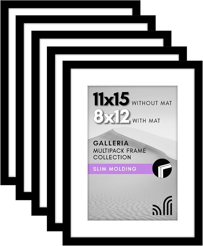 Americanflat 11x15 Picture Frame with Polished Plexiglass - Set of 5 - Use as 8x12 Frame with Mat or Display 11x15 Photo Without Mat - Galleria Collection - Picture Frames for Wall Display - Black