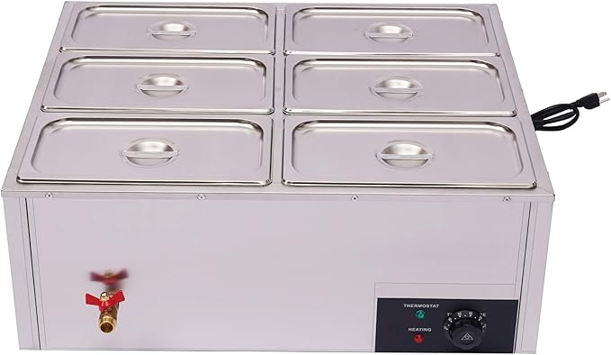 6-Pan Commercial Bain Marie Buffet Food Warmer, 850W 44Qt Electric Steam Table Food Warmer, Countertop Commercial Buffet Warmer, 86℉-185 Temp Control for Buffet Party Catering Restaurant