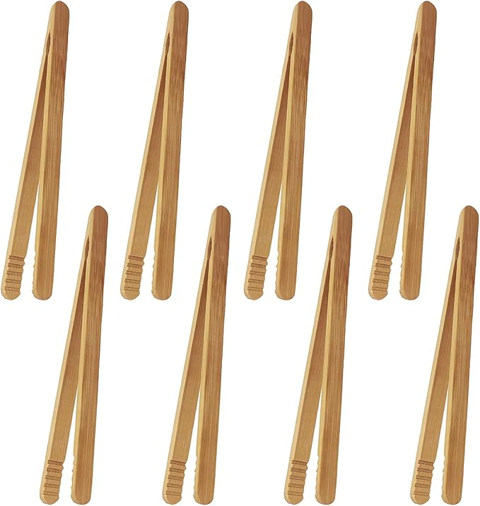 7 Inch Bamboo Kitchen Utensil Tongs, Reusable Bamboo Toast Tongs for Toast, Kimchi, Fruit and Tea, 8 Pcs.