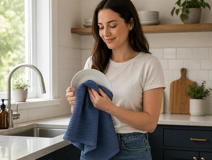 Serafina Home Chambray Denim Blue Kitchen Hand Dish Towels, 100% Cotton - Image 2